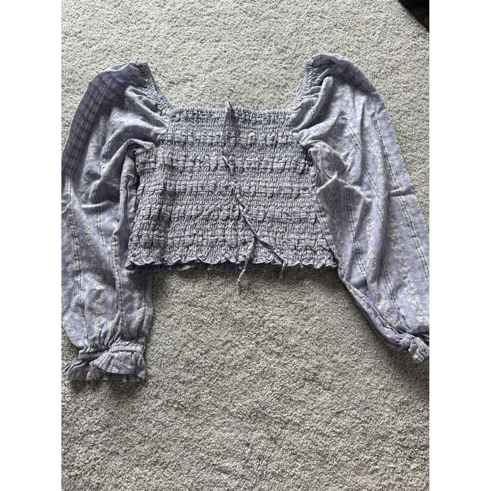 American Eagle Blue Floral Smocked Puff Sleeve Crop Top Medium Square Neck Boho
